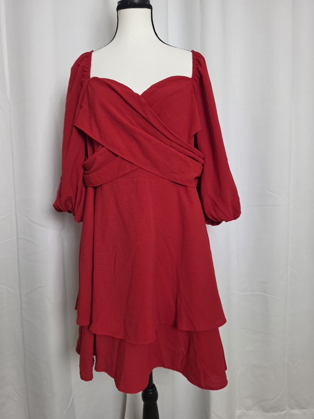 SHEIN Red Long Sleeve Wrap Tiered Dress